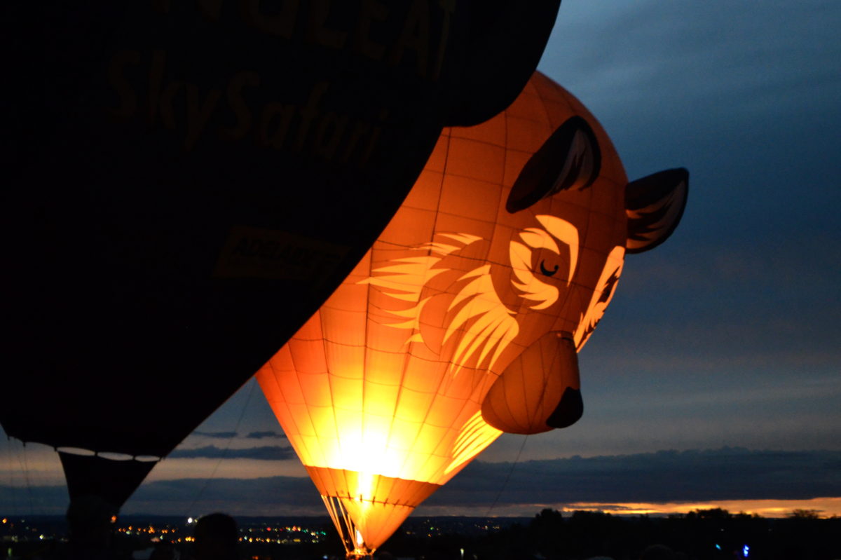 A wolf hot air balloon is lit up by its burner against a dark night sky.